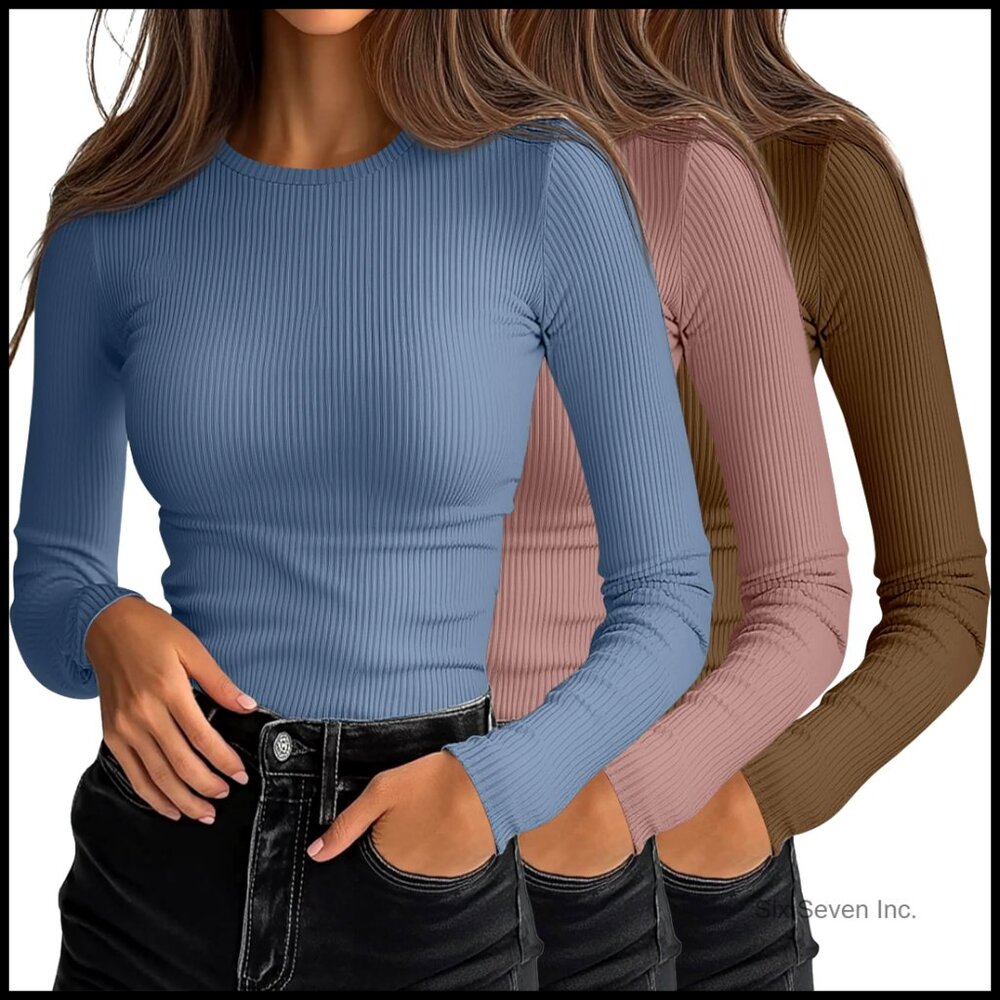 Ribbed Long Sleeve Tees Slim Fit Layering Stretch Knit Casual Basic